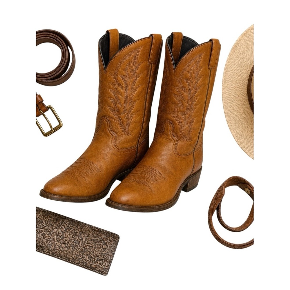 Texas Leather Manufacturing Vintage Cowboy Boots Caramel Western Heritage ~9-9.5